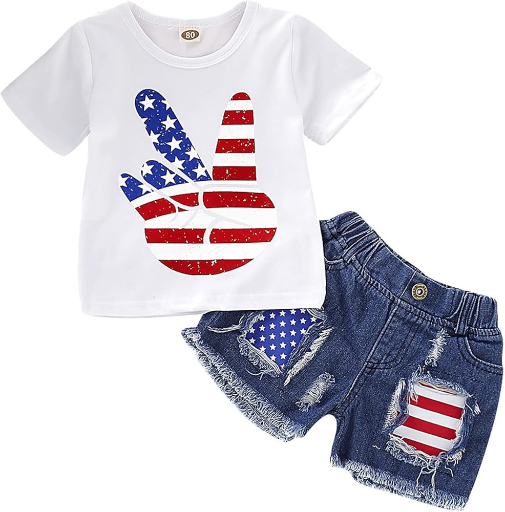 Mikrdoo Baby Girl Clothes Toddler Girl Summer Outfits Shirts Tops Ripped Denim Shorts Set Little ... | Amazon (US)