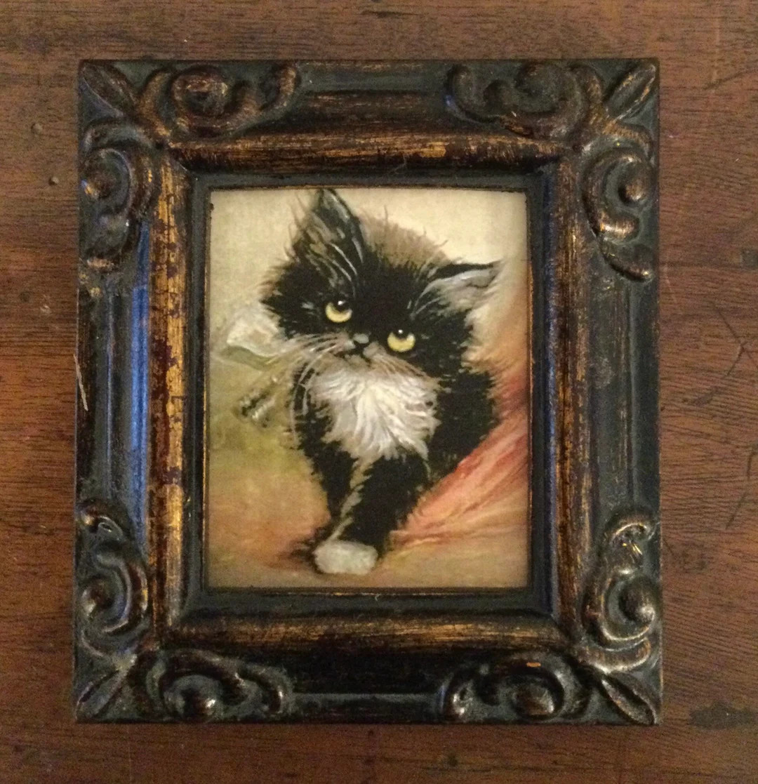 HAND PAINTED MINIATURE on canvas print of vintage painting of black kitten. | Etsy (US)