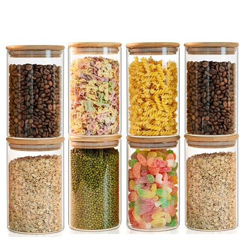 Liuruiyu Glass Food Storage Jars Set of 8,26oz-Glass Storage Containers Clear Glass Food Canister with Bamboo Lid Airtight For Serving Tea, Coffee, Flour,Candy, Cookie, Spice(Round-80CMx150CM) | Amazon (US)