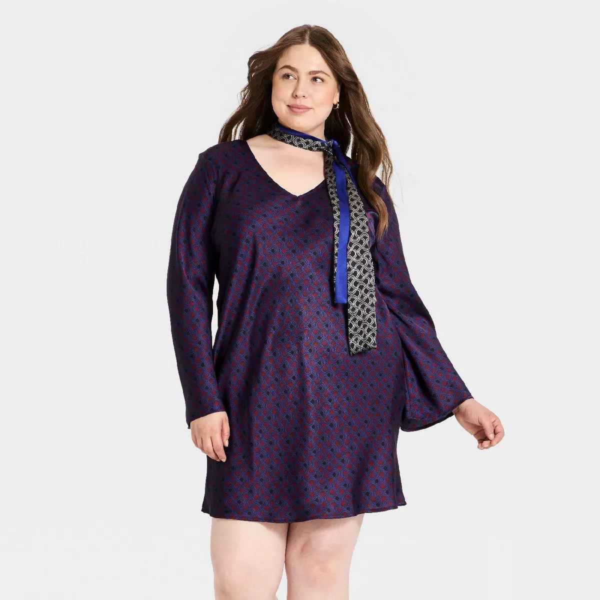Women's Long Sleeve Scarf Printed Mini Dress - A New Day\u2122 Navy Blue/Maroon 3X | Target