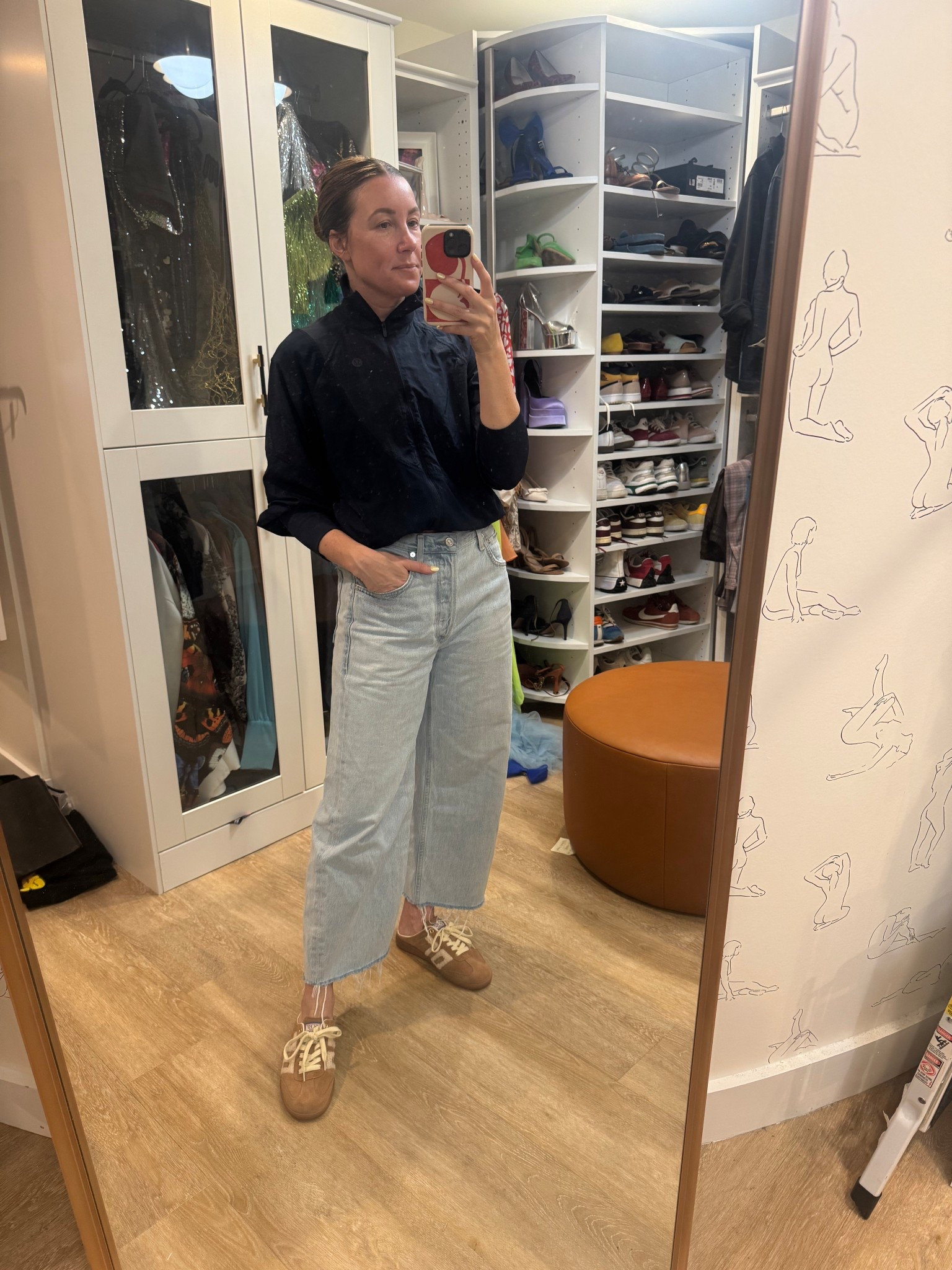 Denim fits true to size. I sized up a half in the slides. 