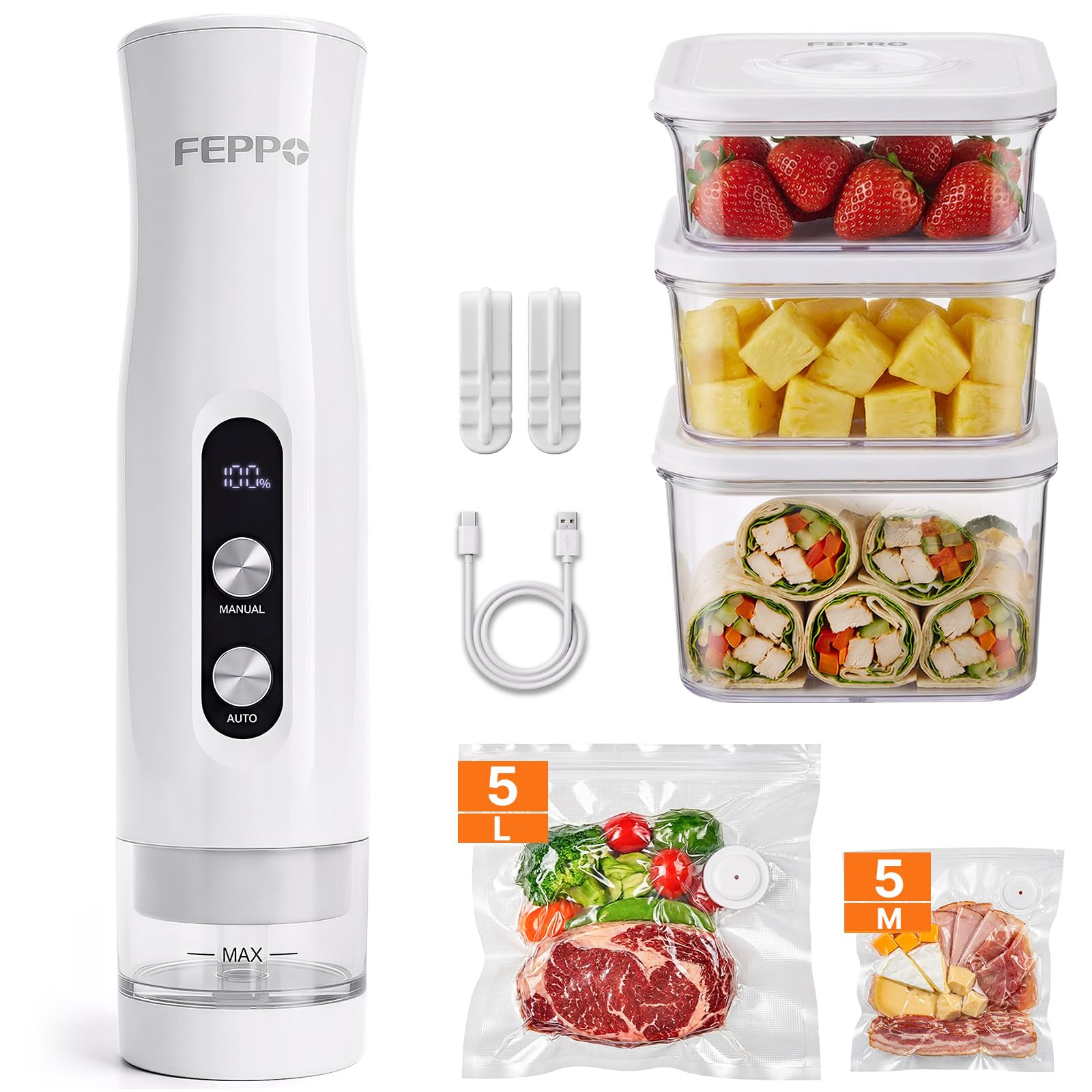 FEPPO Compact Vacuum Sealer for Food (Vacuum Sealer Machine + 3 Containers + 10 Reusable Bags), Anti-Overflow Powerful Portable Handheld Food Sealer, Auto & Manual Modes, Travel Lock, Easy-Clean | Amazon (US)