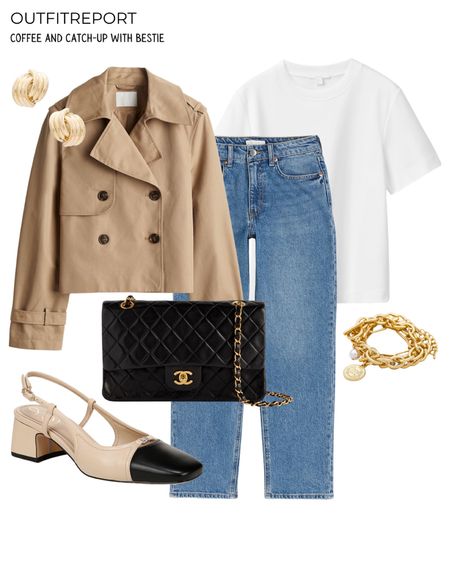 White tee tshirt blue denim jeans cropped trench coat jacket gold jewellery sling backs 

#LTKitbag #LTKshoecrush #LTKstyletip