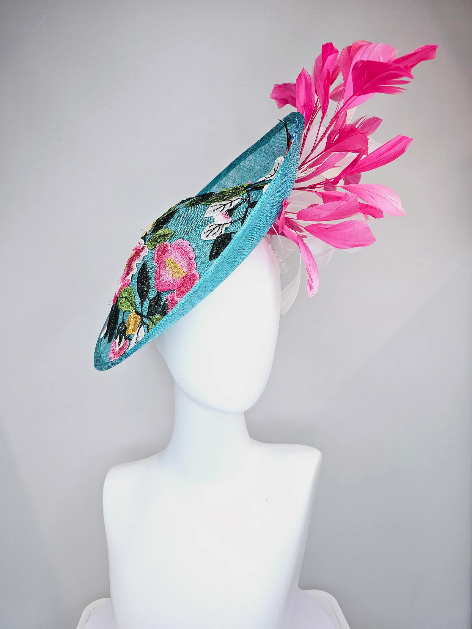 kentucky derby hat fascinator teal blue sinamay saucer with pink and white feathers and pink whit... | Etsy (US)