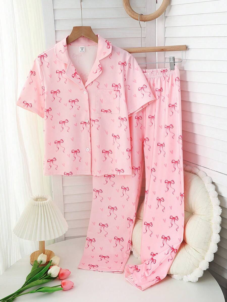 Genkimix Kids 2pcs Tween Girl Casual Bowknot Collar Button Down Short Sleeve Top And Long Pants L... | SHEIN