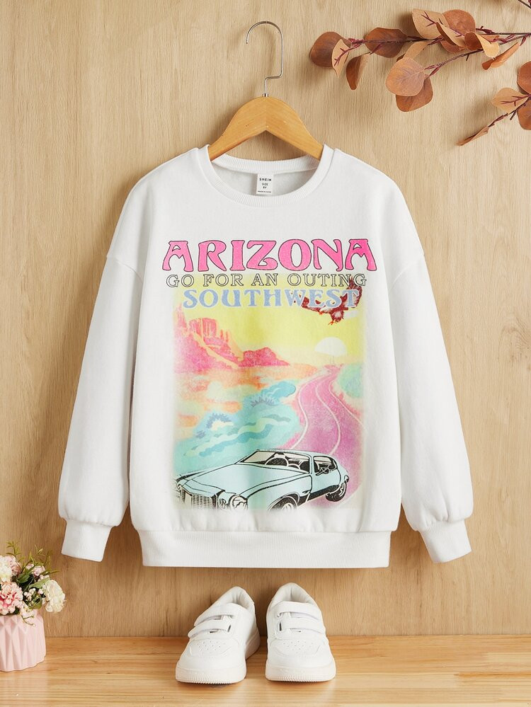 SHEIN Girls Car & Letter Graphic Drop Shoulder Pullover | SHEIN