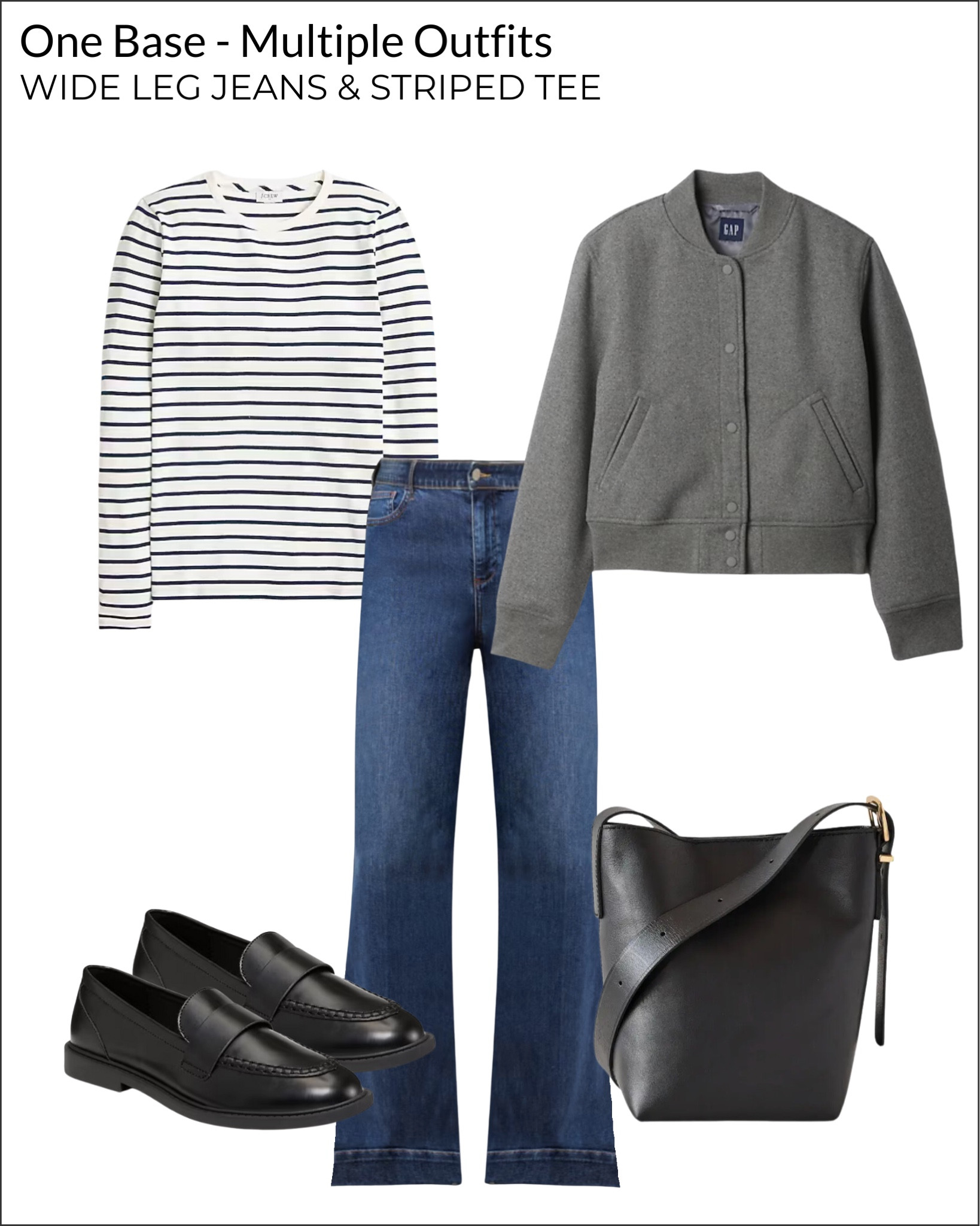 1 Base, 10 Outfits: How To Style Wide Leg Jeans And A Striped Tee In Multiple Budget-Buy Outfits

Grey bomber jacket, black loafers, black shoulder bag