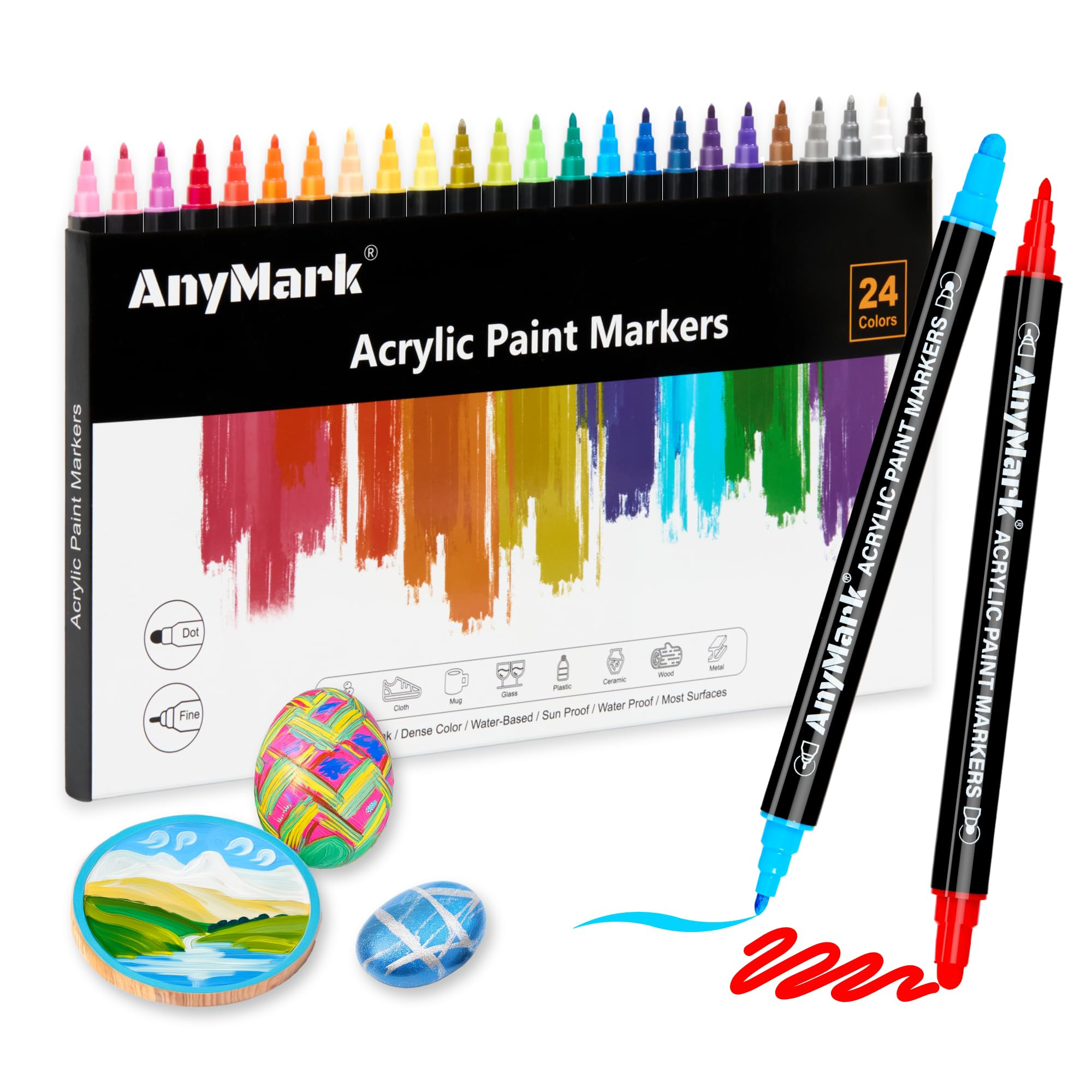 24 Colors Acrylic Paint Markers, Dual Tip Premium Acrylic Paint Pens for Stone, Wood, Calligraphy... | Amazon (US)