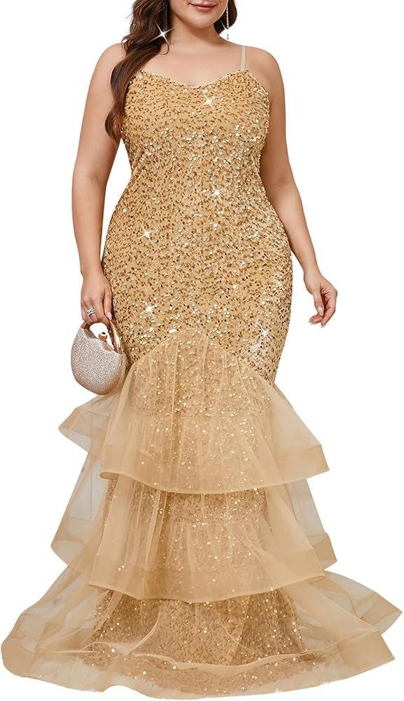 Women Sexy Sleeveless Sequin Mesh Patchwork Maxi Dress Red Plus Size Sling Cocktail Party Formal ... | Amazon (US)