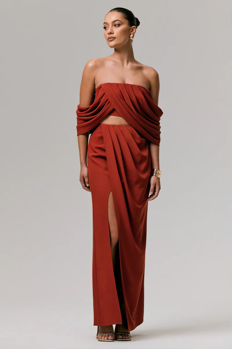 Zelina  Terracotta Mid-Rise Maxi Skirt with Split | Club L London