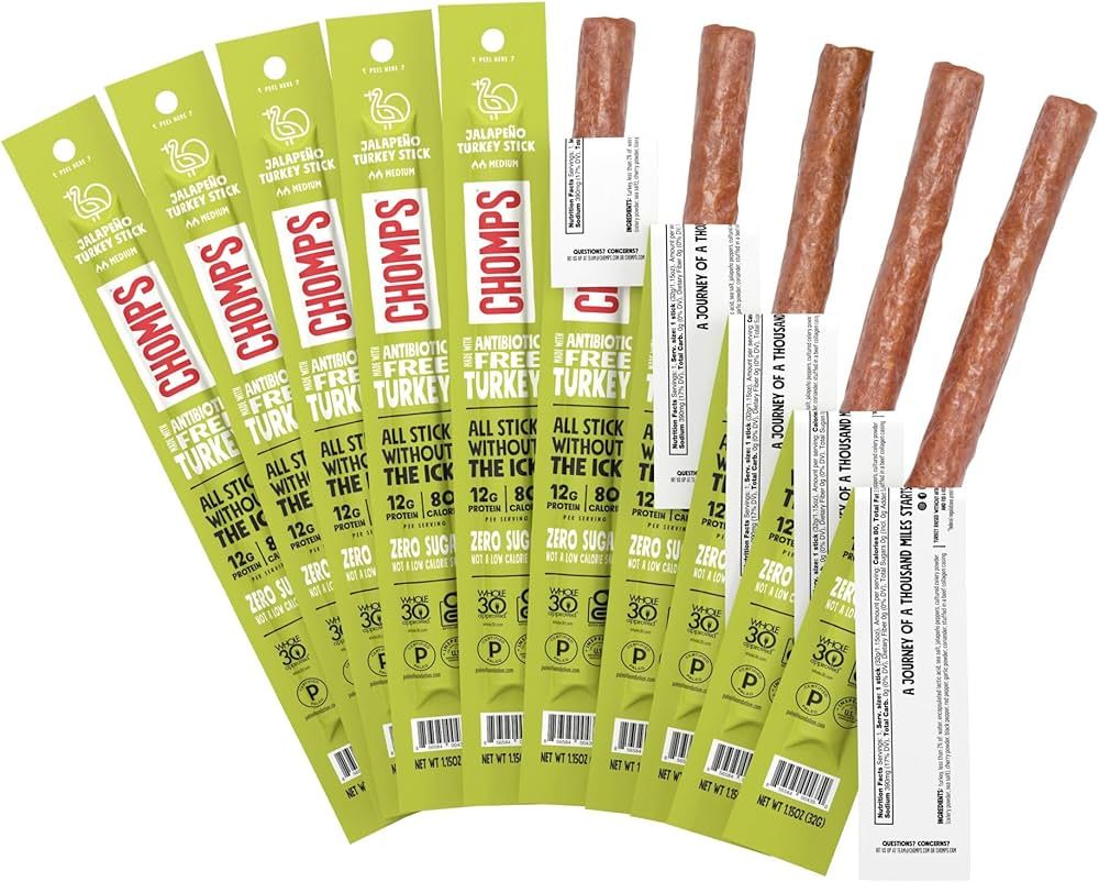 Chomps Jalapeño Turkey Jerky Meat Snack Sticks 10-Pack - Keto, Paleo, Low Carb, Whole30 Approved... | Amazon (US)