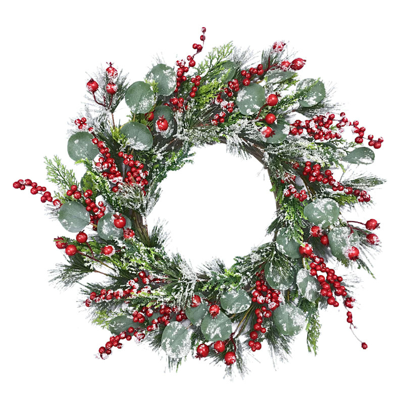 Snow Dusted Greenery & Red Berry Christmas Wreath, 24" | At Home