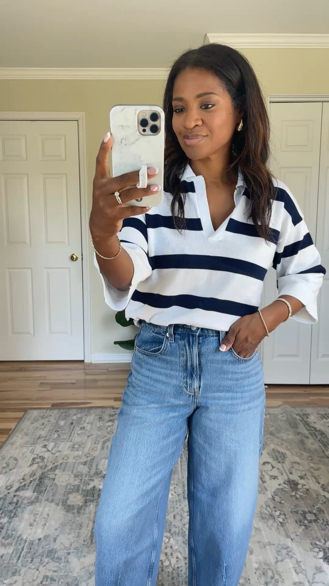 I wear a size 4 in the barrel jeans and a medium in the striped top. Shoes are TTS

#LTKgrwm #LTKootd #LTKOver40