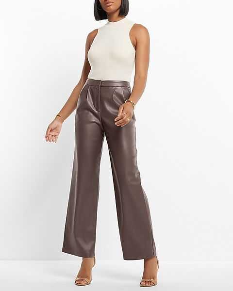 Super High Waisted Faux Leather Pleated Wide Leg Pant | Express