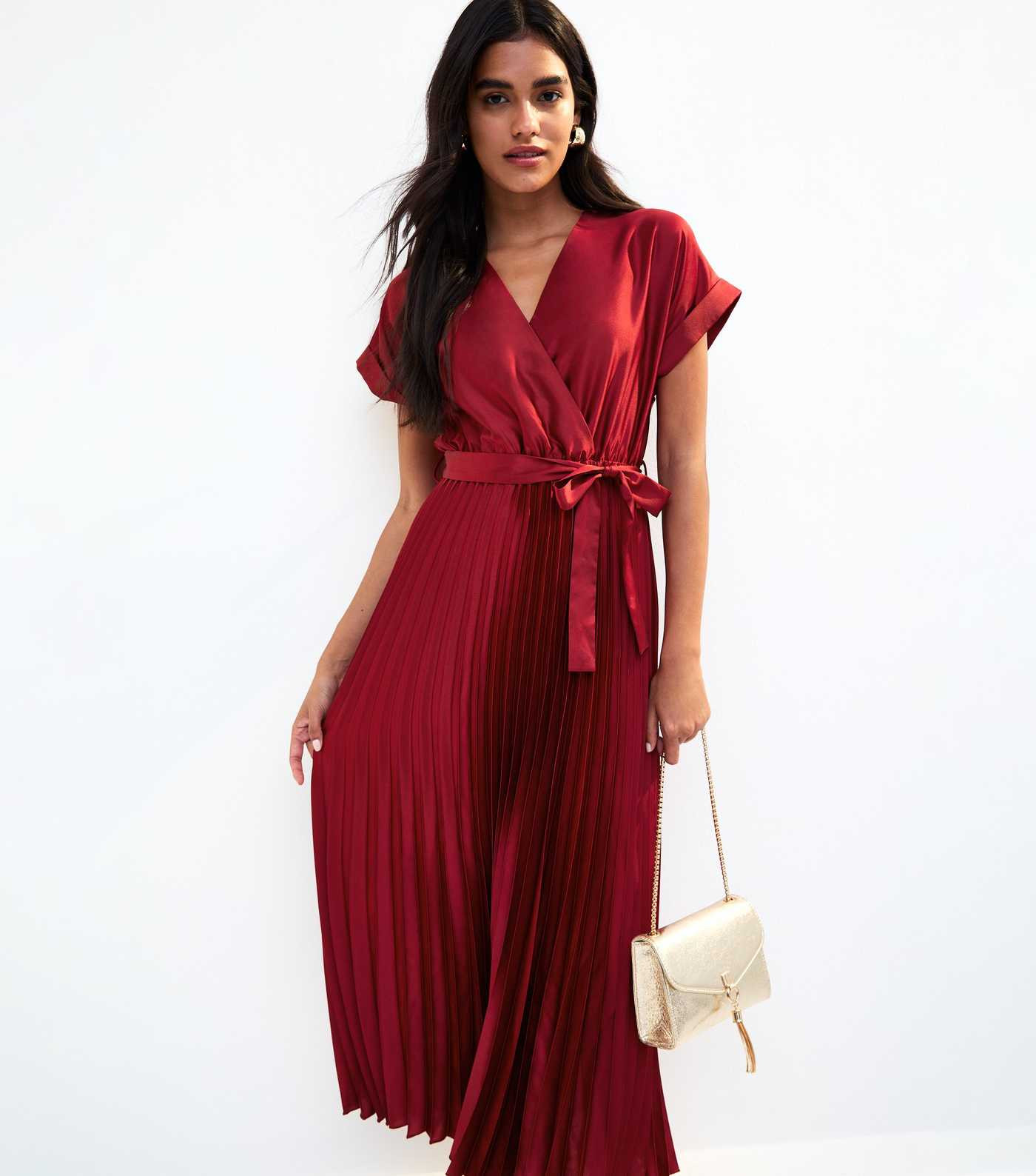 Red Satin Pleated Skirt Wrap Midi Dress | New Look | New Look (UK)