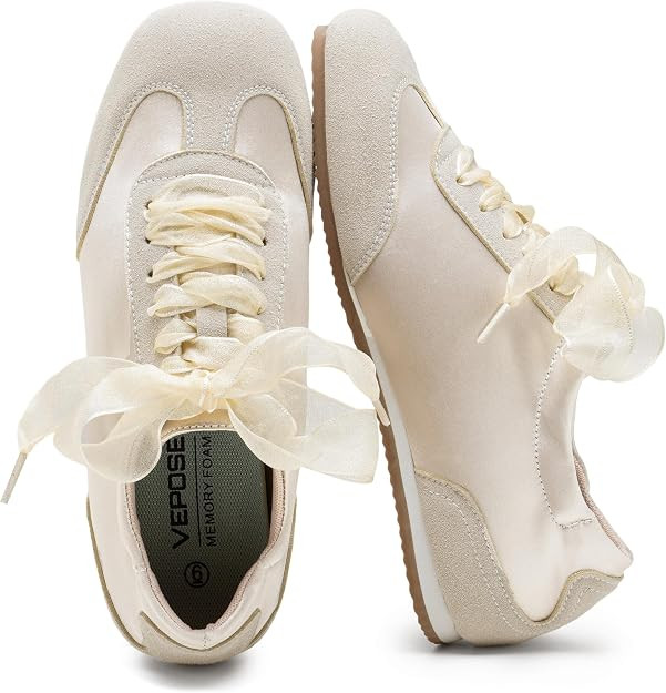 Vepose Women's Square Toe Ballet Sneakers, Dressy Satin Lace-Up Trainers | Amazon (US)