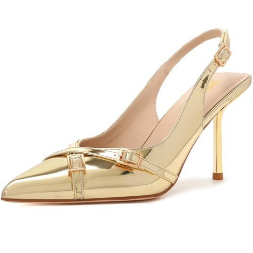 RIBONGZ Gold Heels Slingback for Women Closed Pointed Toe Stiletto High Heels with Buckle Dress Sexy Pumps Golden Heeled Wedding Bride Prom Dating Party Working Dressy Shoes 8.5 | Amazon (US)