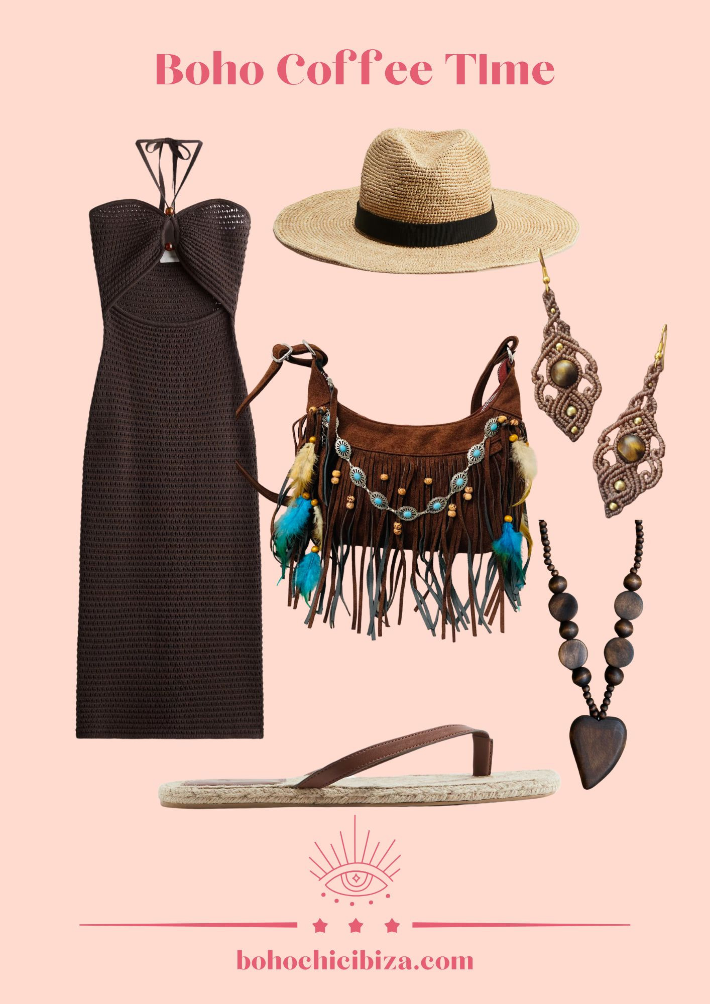 Boho Coffee Time
- Halter Crochet Dress
- Dark Brown Wooden Heart Necklace
- Tiger's Eye Macrame Earrings
- Chocolate brown fringed bag
- Espadrille-style flip-flops 

 #LTKsummer #LTKstyletip #LTKdresses
