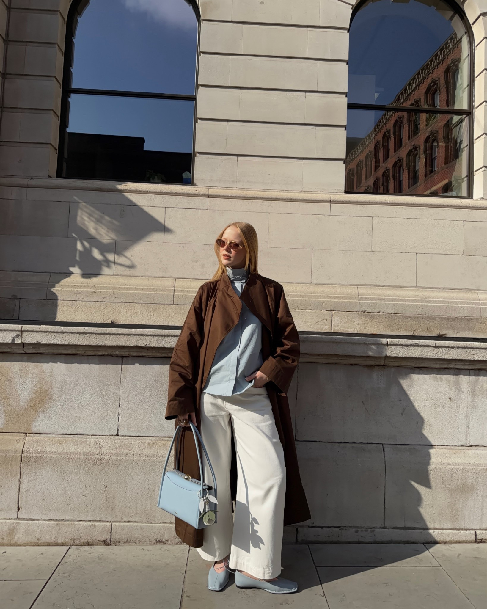 Brown Trench Coat, Spring Coat, Baby Blue, Blouse, White Jeans, Zara, Alohas, Ballet Flats, Shoulder Bag, Spring Style 

#LTKspring #LTKuk