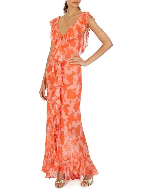 Women's Sleeveless V Neck Side Slit Dress Slim Fit Irregular Ruffle Hem Chiffon Maxi Dress | Amazon (US)