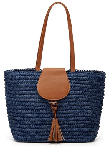 Summer Straw Shoulder Bags for Women Large Woven Tote Purse Casual Beach Vacation Top Handle Handbags with Tassel | Amazon (US)