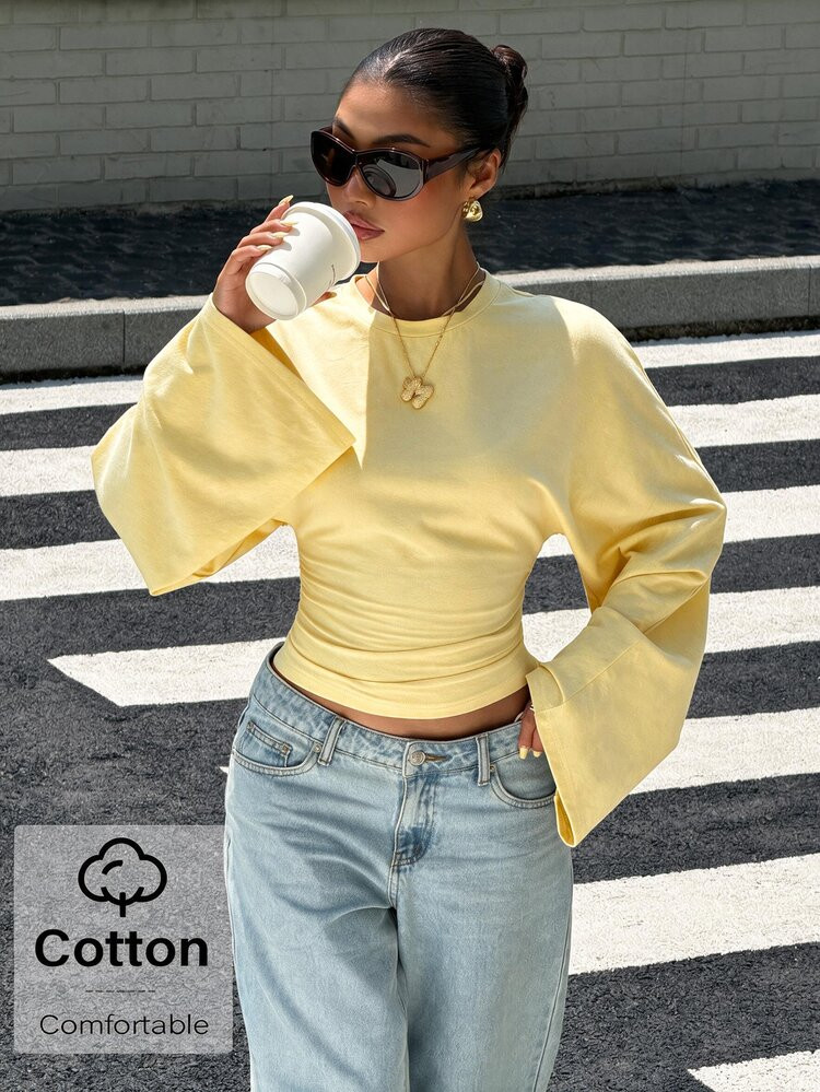 Muchica Women's Casual Streetwear Tropical Comfortable Pale Yellow Batwing Sleeve Long Sleeve Fal... | SHEIN