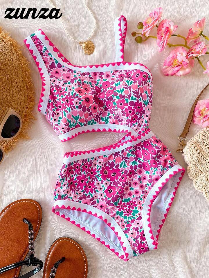 Girls' One-Piece Swimsuit With Tiny Ditsy Floral And Ruffle Trim | SHEIN