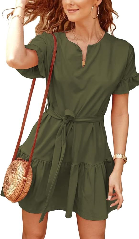 Ladybranch Women V Neck Casual Dresses Summer Short Sleeve Ruffle Hem Dress with Belt | Amazon (US)