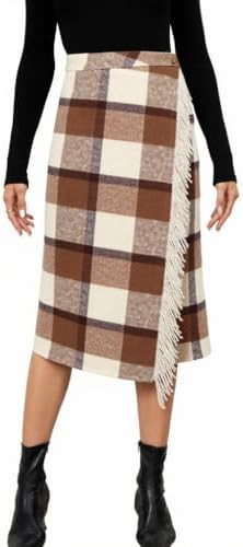 Tanming Womens Plaid Fringed Midi Skirt A Line Warm Wool Wrap Skirt Fall Winter Tartan Dress | Amazon (US)