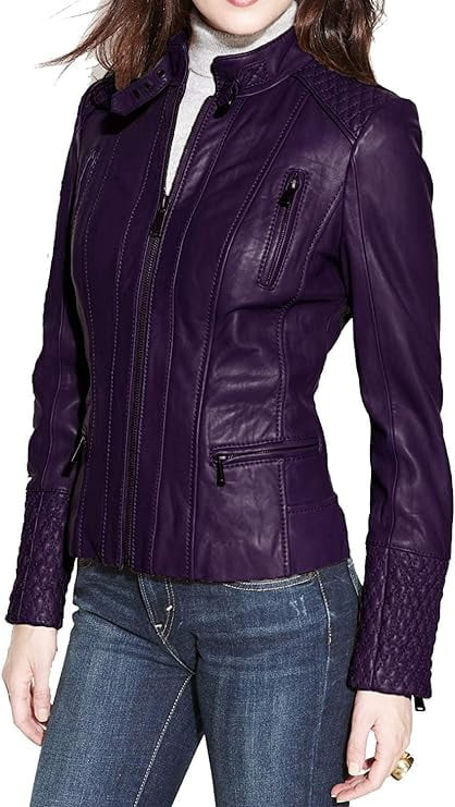 Womens Genuine Lambskin Leather Jacket Motorcycle Biker Leather Purple Jacket W085 | Walmart (US)