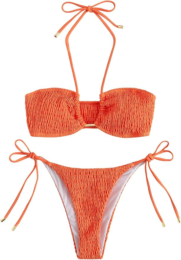 SweatyRocks Women's 2 Piece Bathing Suit Ribbed Tie Side Halter Bikini Swimsuit | Amazon (US)