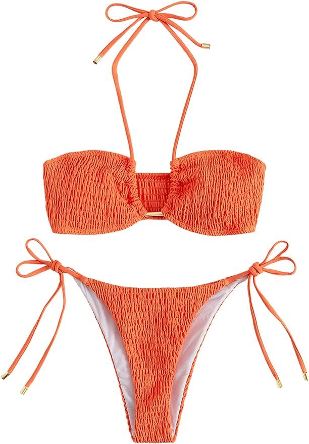 SweatyRocks Women's 2 Piece Bathing Suit Ribbed Tie Side Halter Bikini Swimsuit | Amazon (US)