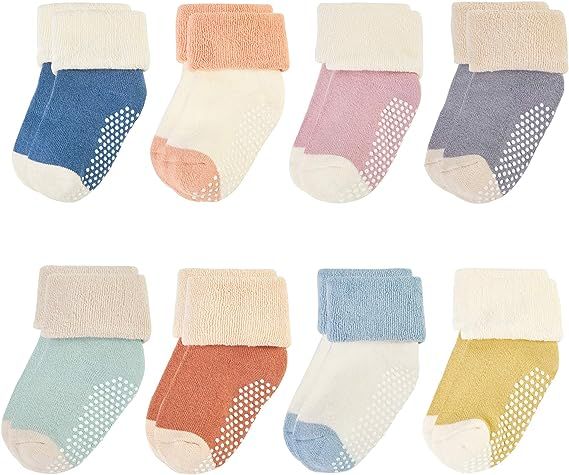 VWU Ankle Crew Socks with Grips, Baby Toddler Kids Unisex Warm Thick Cotton Socks 0-6T 6-Pack | Amazon (US)