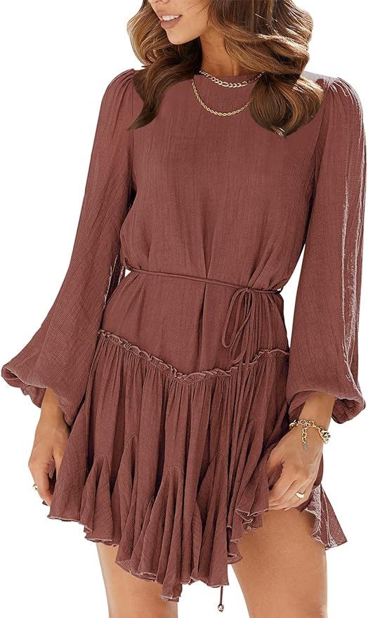 ANRABESS Women's 2023 Spring Summer Crewneck Puff Sleeve Babydoll Dress Ruffle Tiered A-Line Flow... | Amazon (US)