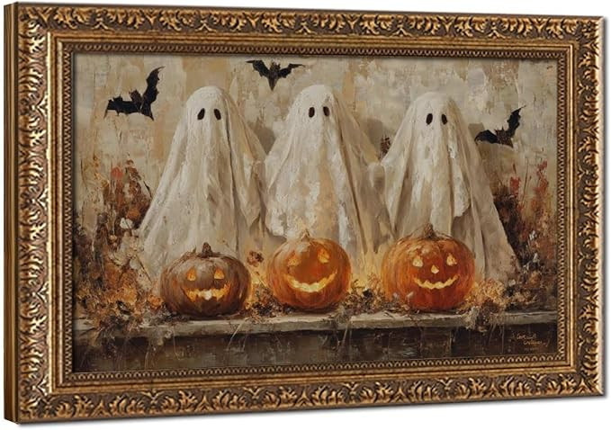 Halloween Wall Art Ghost and Pumpkin Painting with Retro Gold Frame Vintage Spooky Decor for Livi... | Amazon (US)