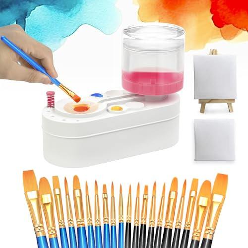 FINFINLIFE Pink Paint Brush Cleaner with 20 Painting Brushes, 2 Mini Canvas, 1 Mini Easel Stand, No Assembly Required Paintbrush Rinser | Amazon (US)