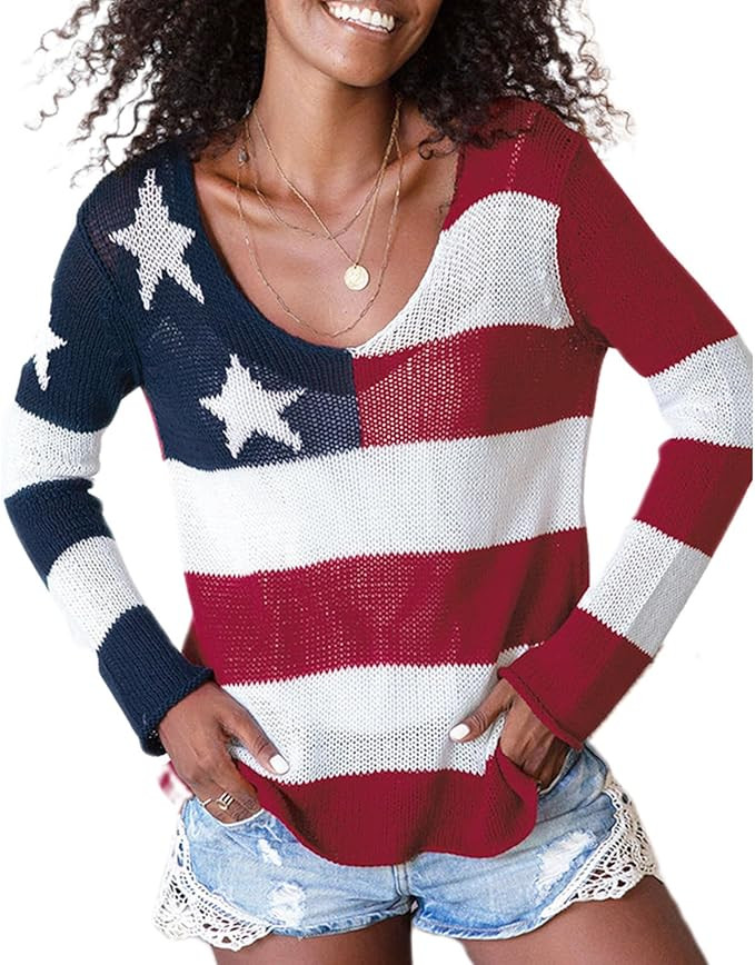 Women American Flag Sweater Loose Vintage USA Sweatshirt Long Sleeve Crewneck Hollow Out 4th of J... | Amazon (US)