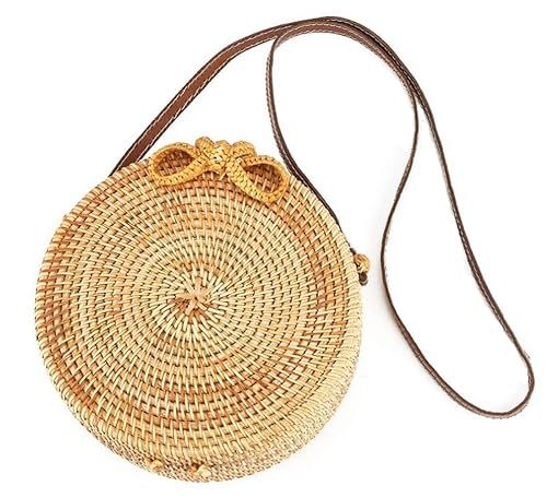 Handwoven Round Rattan Bag Shoulder Leather Straps Natural Chic Hand Gyryp | Amazon (US)