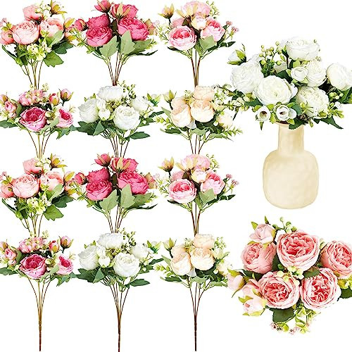 Jexine 12 Bundles Silk Artificial Peonies Flowers Faux Peony Bouquet Fake Peonies Artificial Flowers Bouquets for Vase Floral Arrangements Wedding Home Table Decoration (Colorful) | Amazon (US)