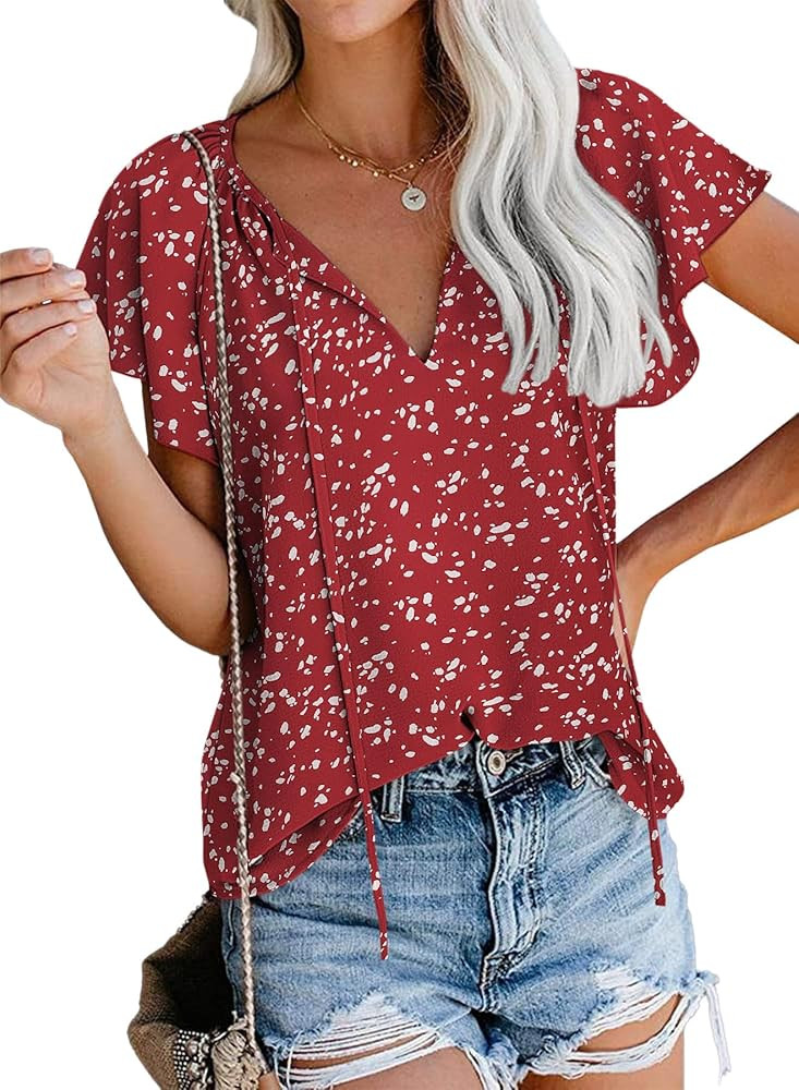 SimpleFun Women's Boho Tops Floral V Neck Short Sleeve Summer Blouse Shirts | Amazon (US)