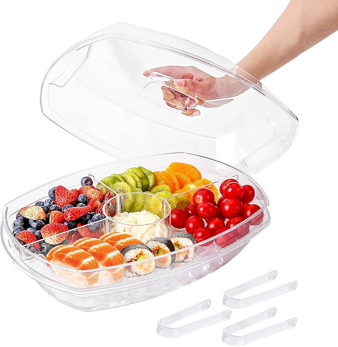 IVYHOME 3-Tier Chilled Serving Tray with Lid, 15" Fruit Ice Serving Platter with 4 Compartments, ... | Amazon (US)