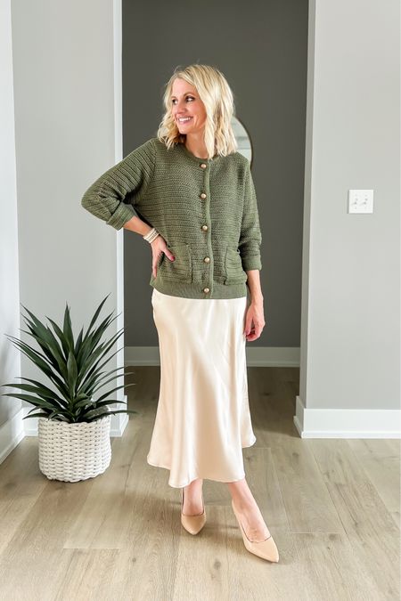 I’m loving this slip skirt styled with the green lady cardigan! This would be a cute Thanksgiving outfit idea! Sizing details➡️ cardigan- small || skirt- xs || shoes- my pair is from last year and sold out. I linked this seasons shoes from the same brand  

#LTKSeasonal #LTKHoliday #LTKstyletip