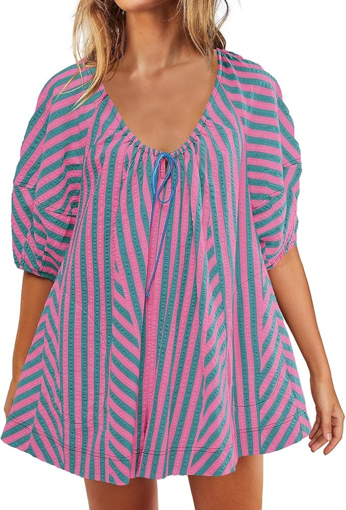 Summer Tshirt Rompers for Women,Casual Striped Puff Short Sleeve Rompers,Adjustable Neck Oversize... | Amazon (US)