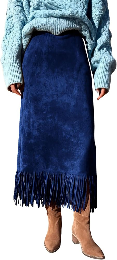 chouyatou Women's Fringe Trim Faux Suede Skirt High Waisted Pencil Dressy Fall Winter Midi Long S... | Amazon (US)