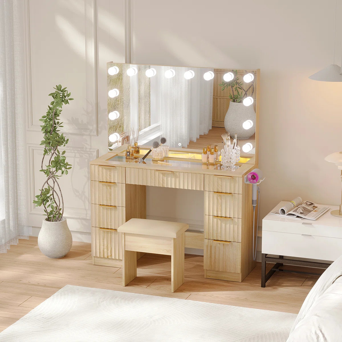 43" Glass Top Makeup Vanity With Mirror and Outlet, Makeup Table with 3-Color Mode Smart RGB Ambi... | Wayfair North America