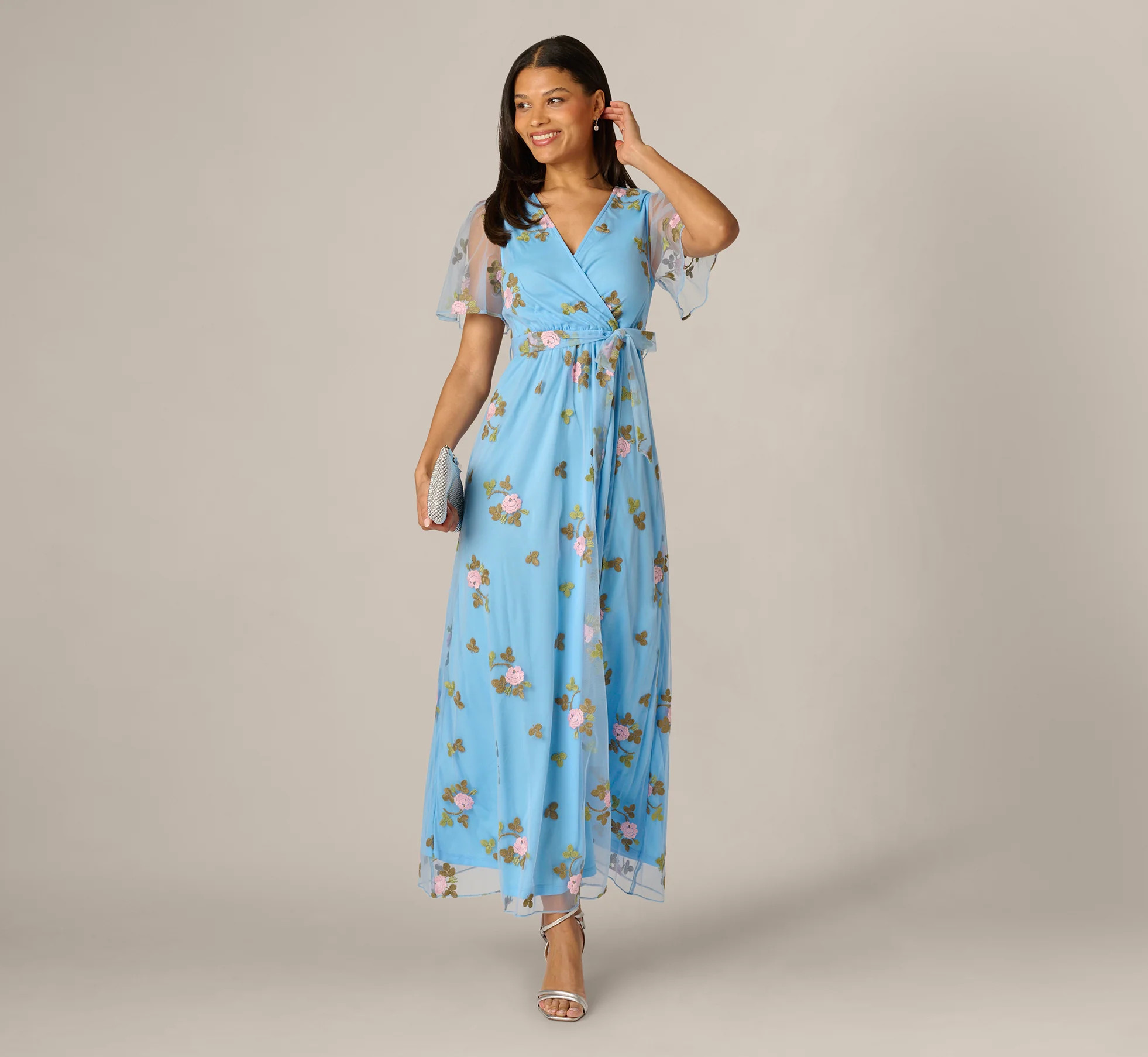 Light Blue Floral Embroidered Maxi Dress With Sheer Flutter Sleeves - Adrianna Papell | Adrianna Papell
