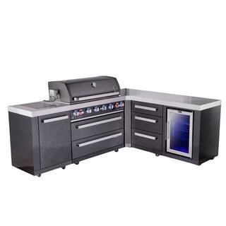 Black 6-Burner 94 in. x 75 in. L-shaped Outdoor Kitchen Island + Refrigerator + 44 in. Propane Grill in Stainless Steel | The Home Depot