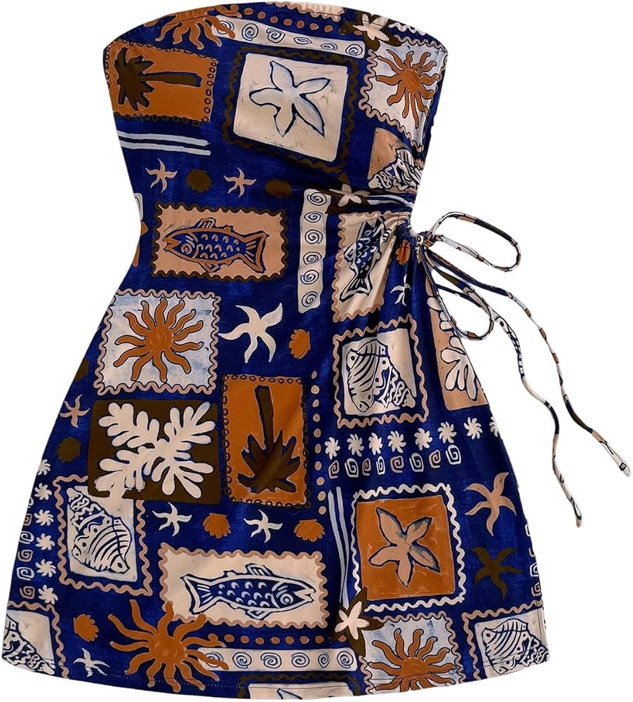 Floerns Women's Summer Mini Dress Tropical Drawstring Strapless Tube Boho Dresses | Amazon (US)