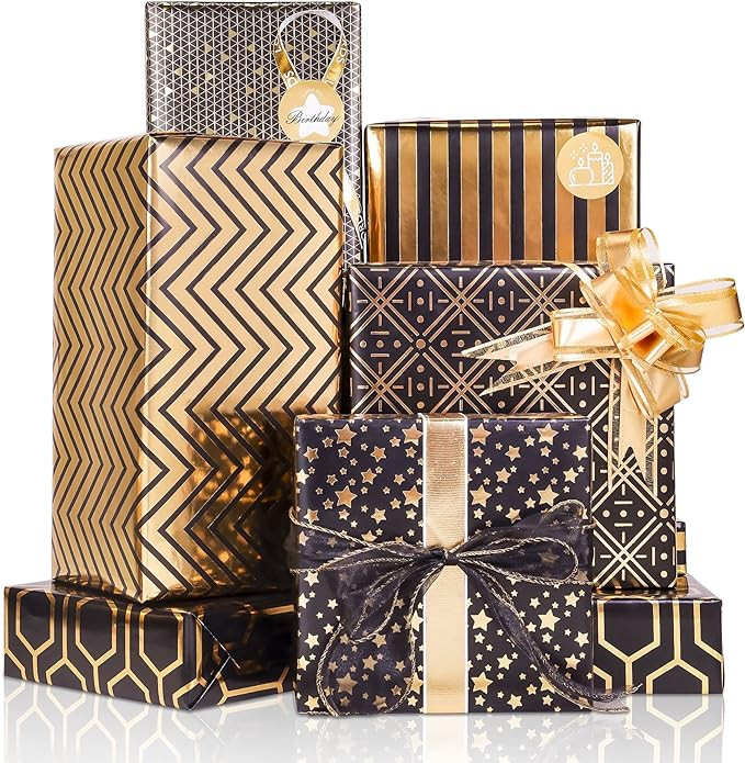 Larcenciel Gift Wrapping Paper Set, 6 Sheets Metallic Black Gold Foil Wrapping Paper w/Gift Bow &... | Amazon (US)