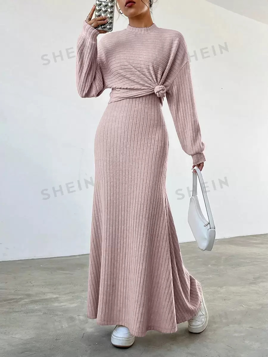 SHEIN EZwear Women's Drop Shoulder Long Sleeve T-Shirt And Skirt Two Piece Set | SHEIN